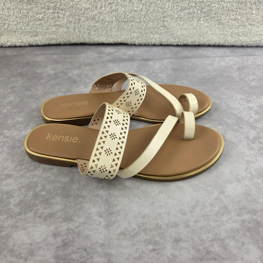 Kensie Mika Cream Laser Cut Toe Loop Flat Slide Sandals Gold Trim Womens 8.5